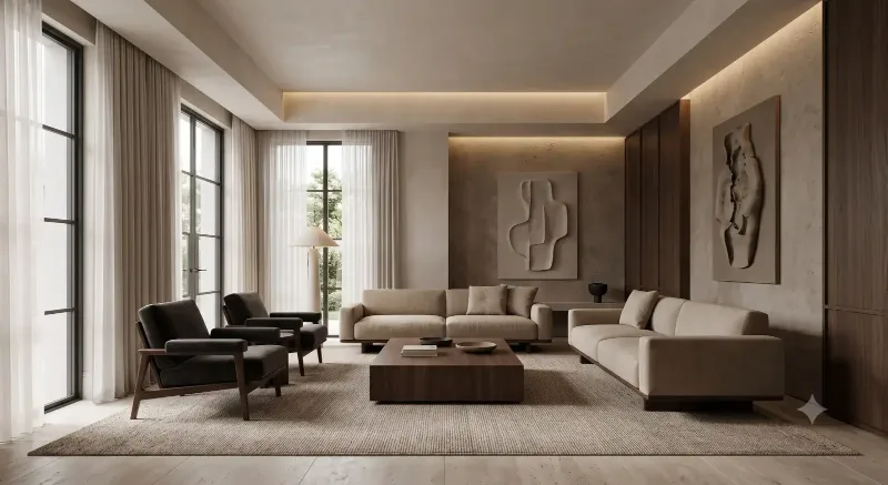 Formal lounge with sofas, armchairs and layered ceiling lighting