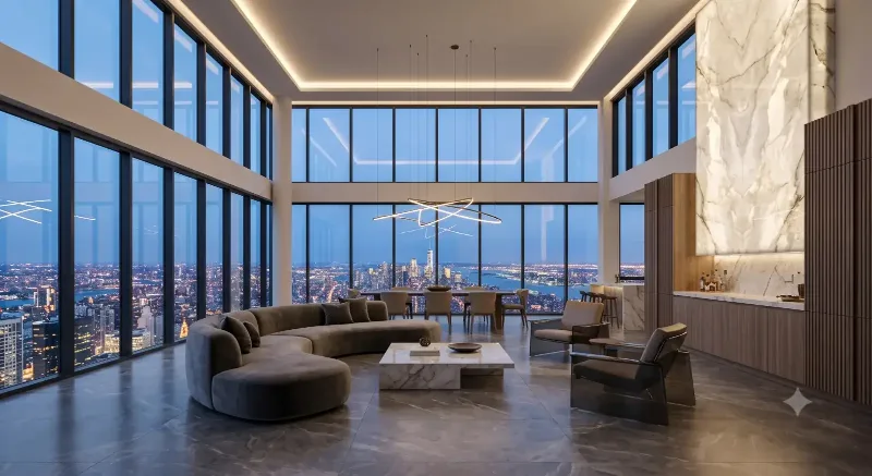 Double-height living room with floor-to-ceiling windows and a city view