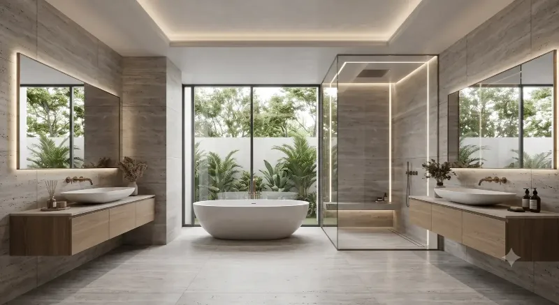 Bathroom with a freestanding tub and a garden-facing window