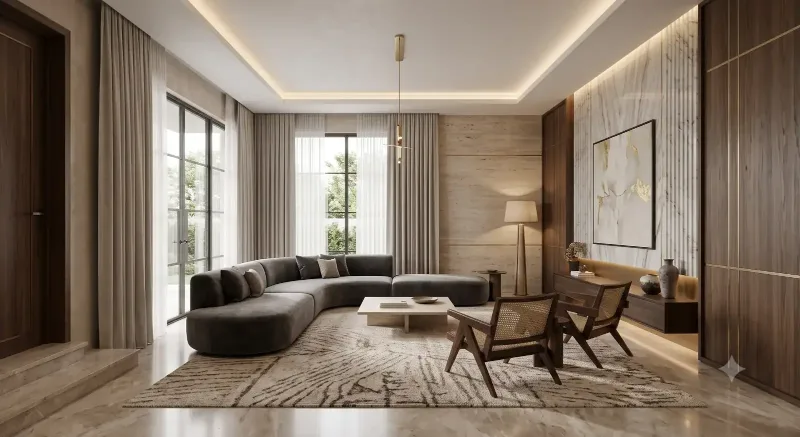 Lounge with a curved sofa, timber armchairs and soft ceiling lighting