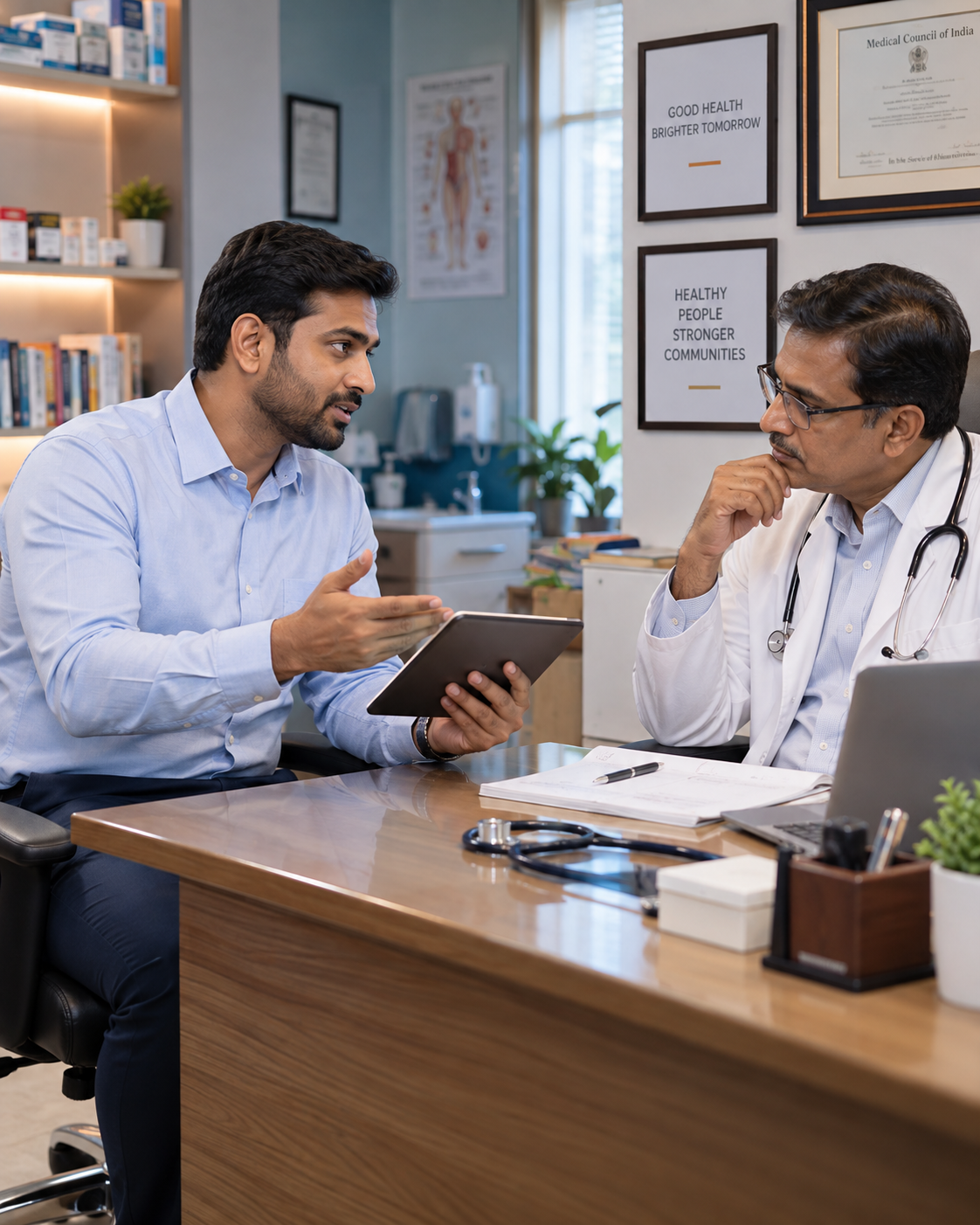 Indian medical representative discussing products professionally with a doctor