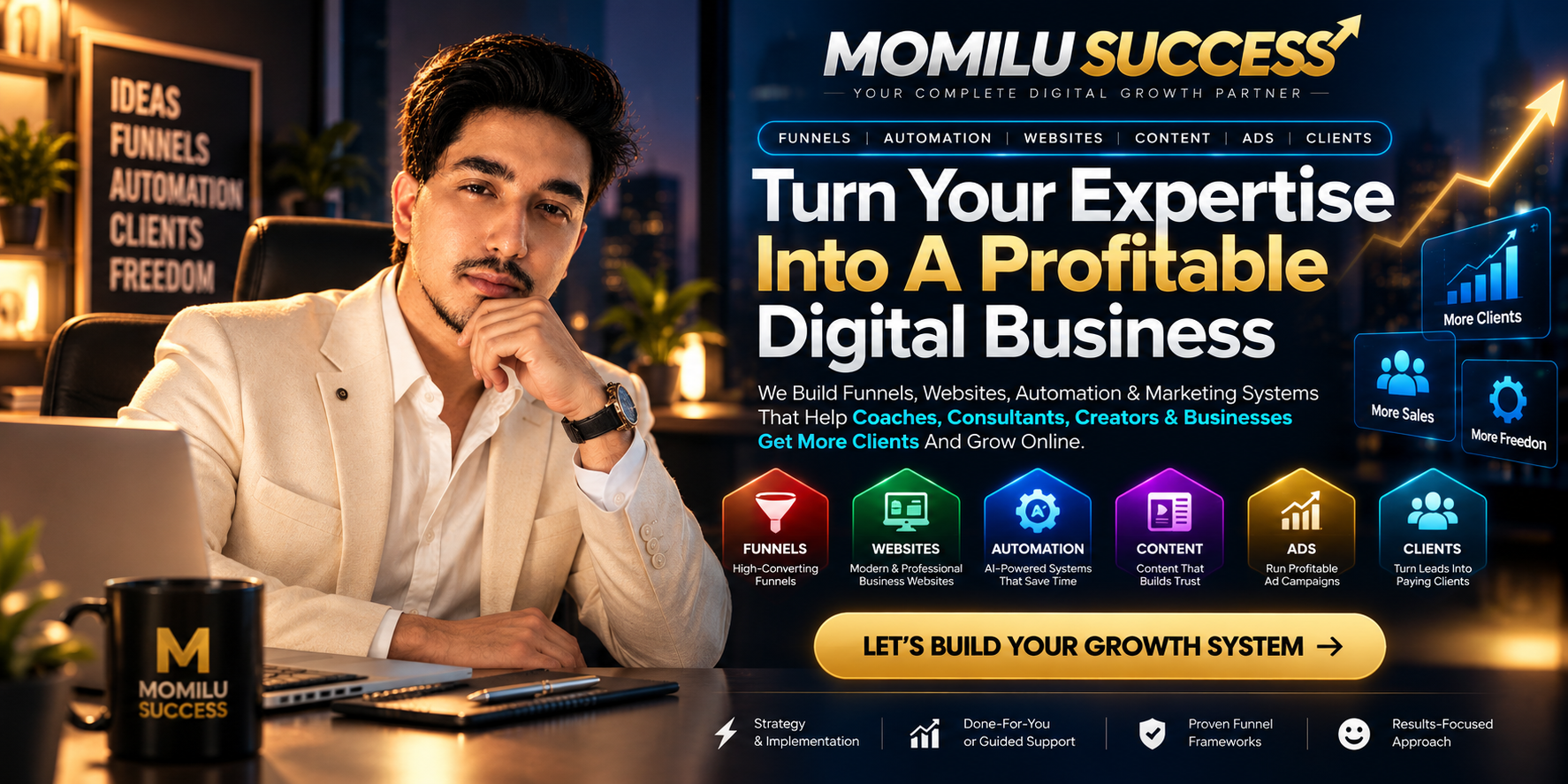 MOMILU SUCCESS — Turn Your Expertise Into A Profitable Digital Business. Funnels, Websites, Automation, Content, Ads, Clients.