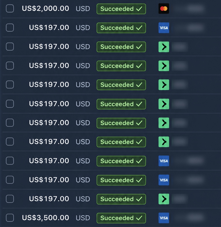 Affiliate transaction history showing multiple successful $197 payments