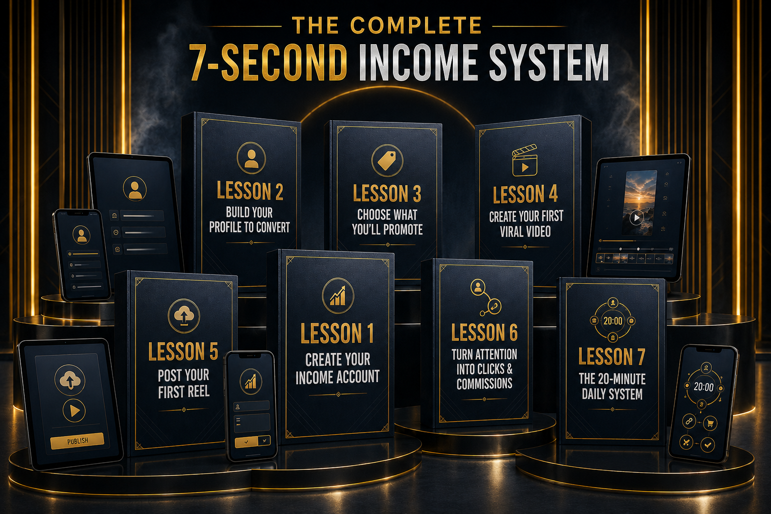 Premium product mockup showing all seven lessons inside the 7-Second Income System