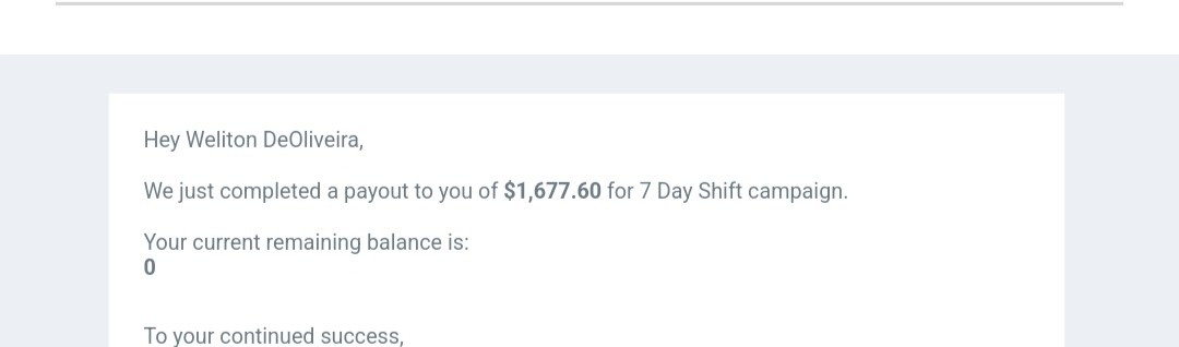 Email showing Weliton's $1,677.60 affiliate payout