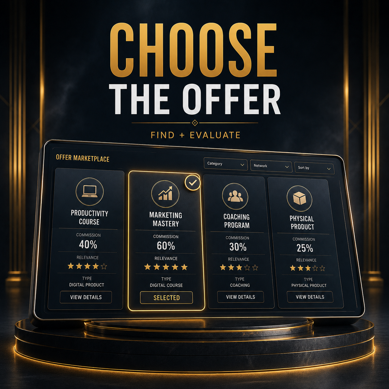 Premium visual showing how to find and evaluate affiliate offers