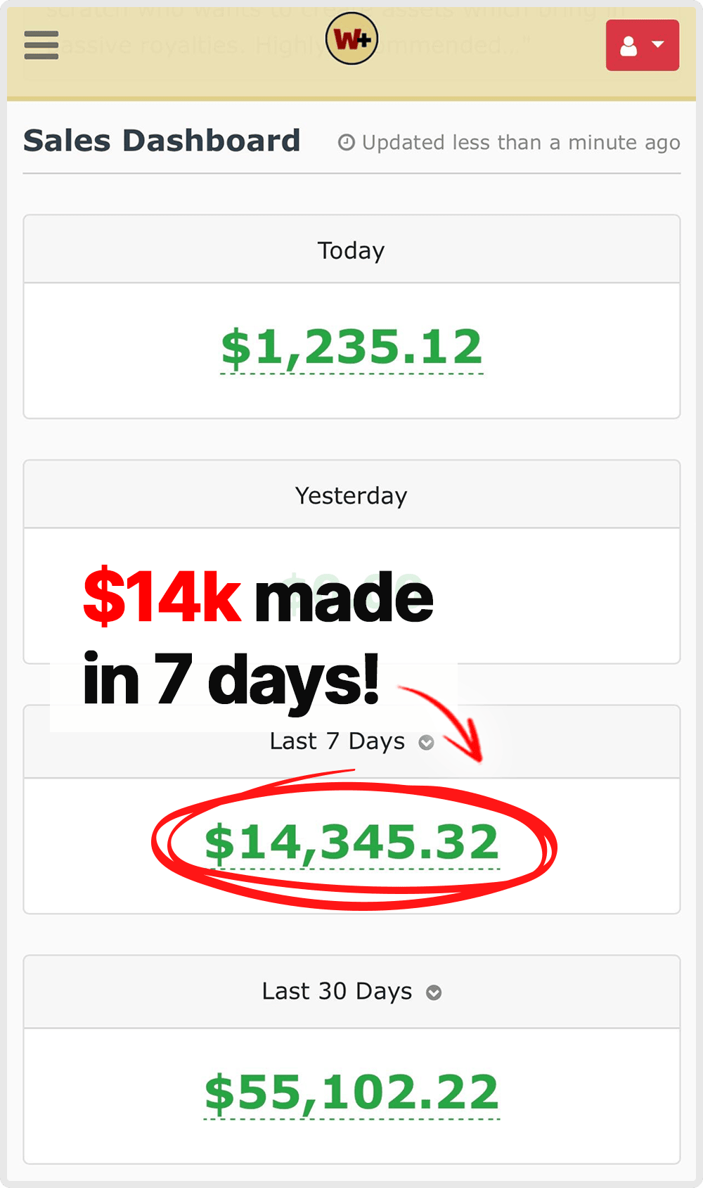 Affiliate dashboard showing $14,345.32 in seven days