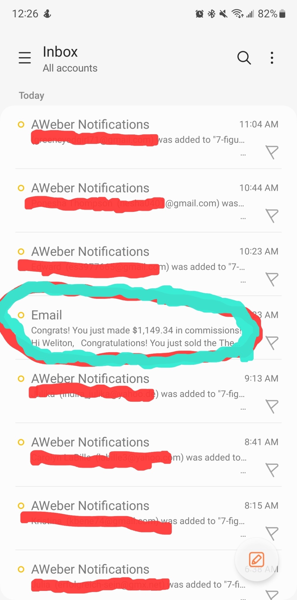 Affiliate commission notification sent to Weliton