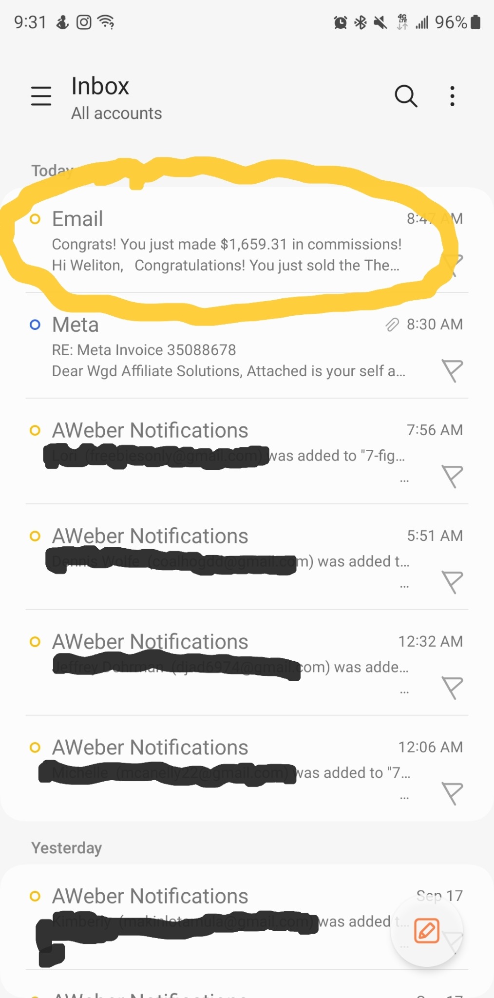 Affiliate commission email received by Weliton
