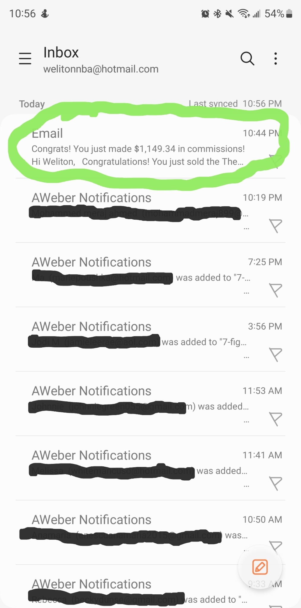 Affiliate commission notification received by Weliton