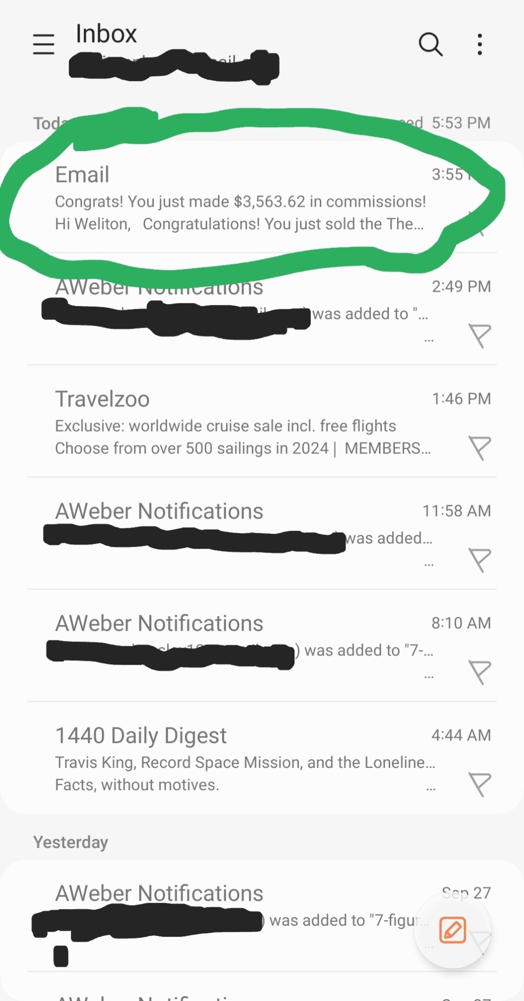 Affiliate commission email received by Weliton
