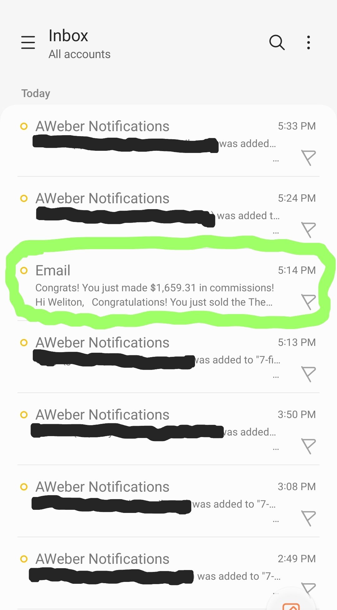 Affiliate commission notification showing $1,659.31