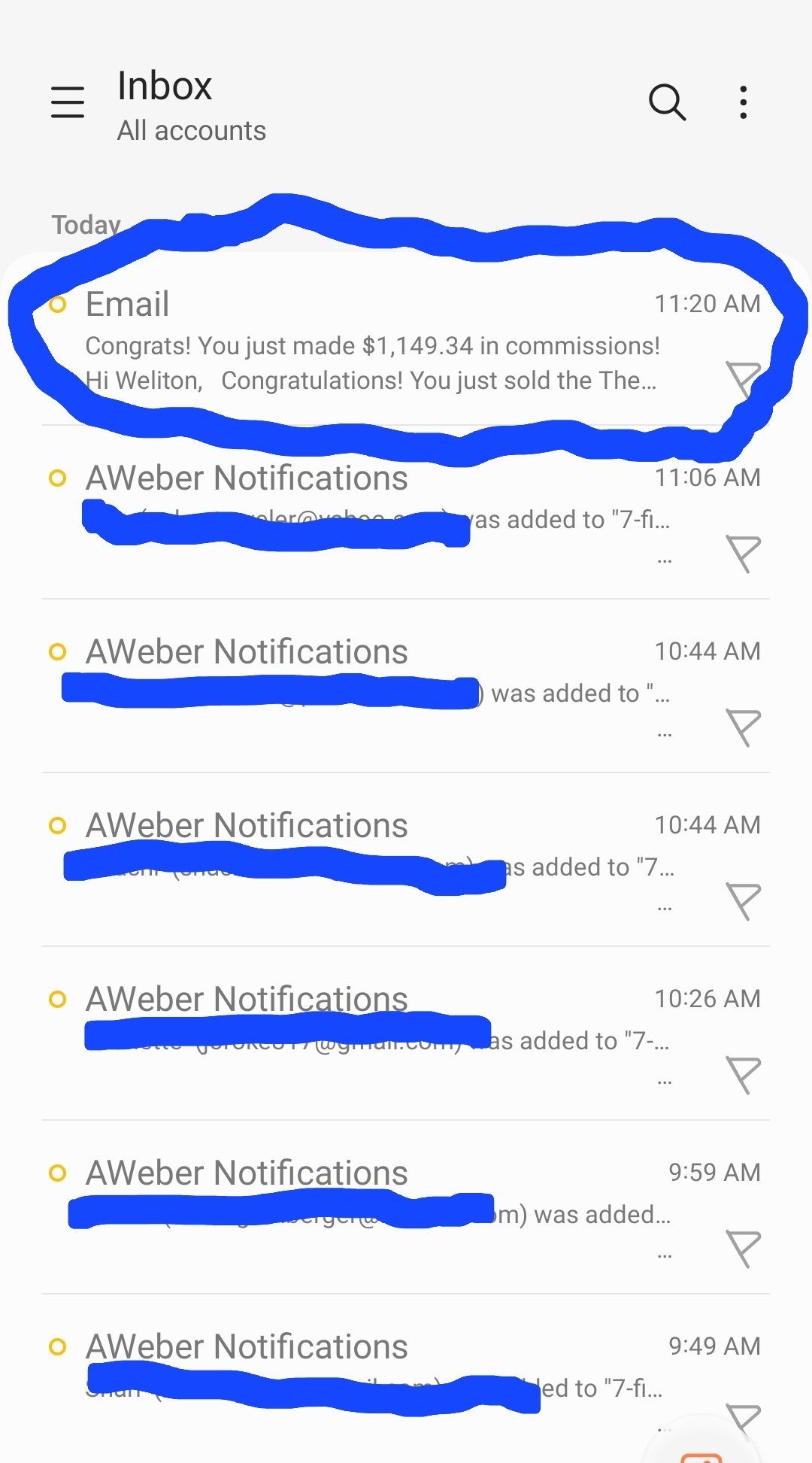 Email showing a $1,149.34 affiliate commission