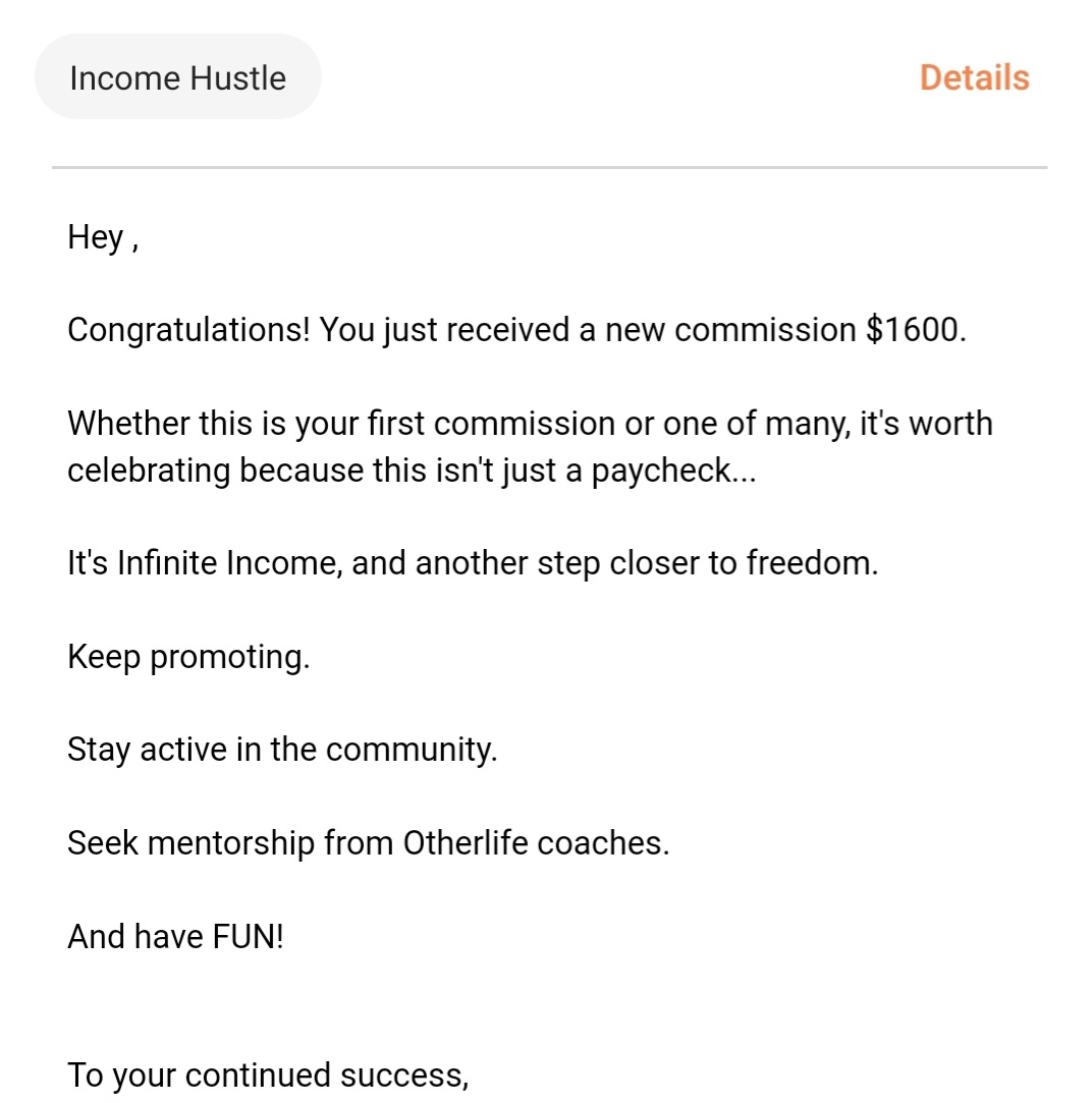 Email showing a $1,600 affiliate commission