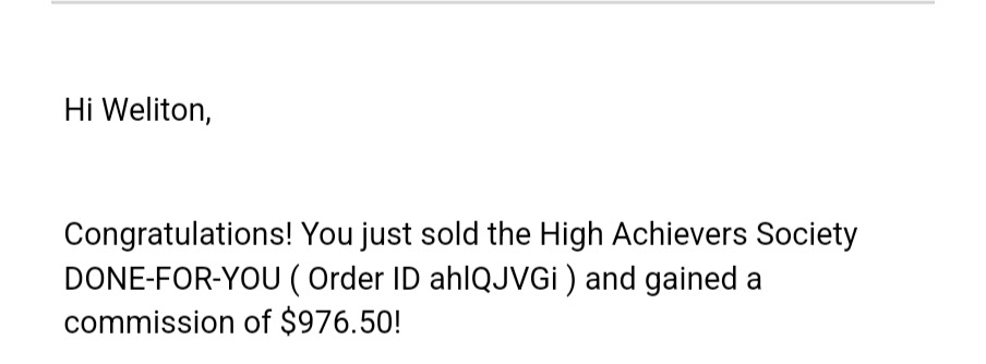 Email showing Weliton's verified $976.50 affiliate commission