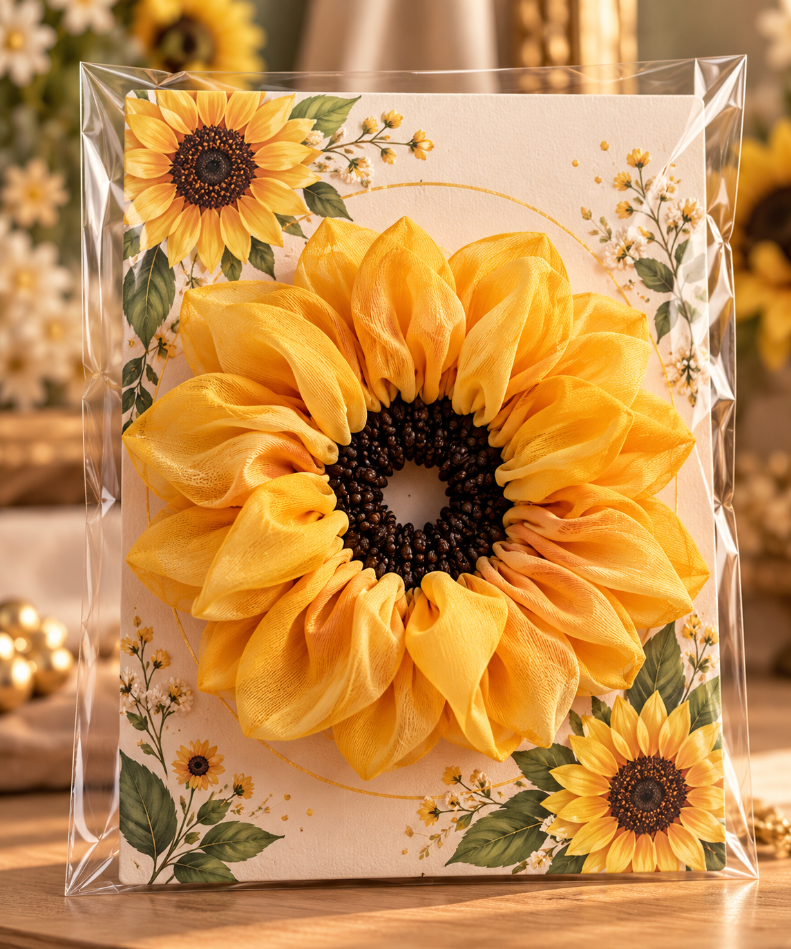 Sunshine Soul sunflower-inspired scrunchie packaging with dark seed centre