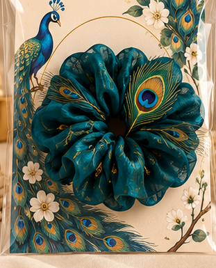 Peacock Charm teal peacock-inspired scrunchie packaging