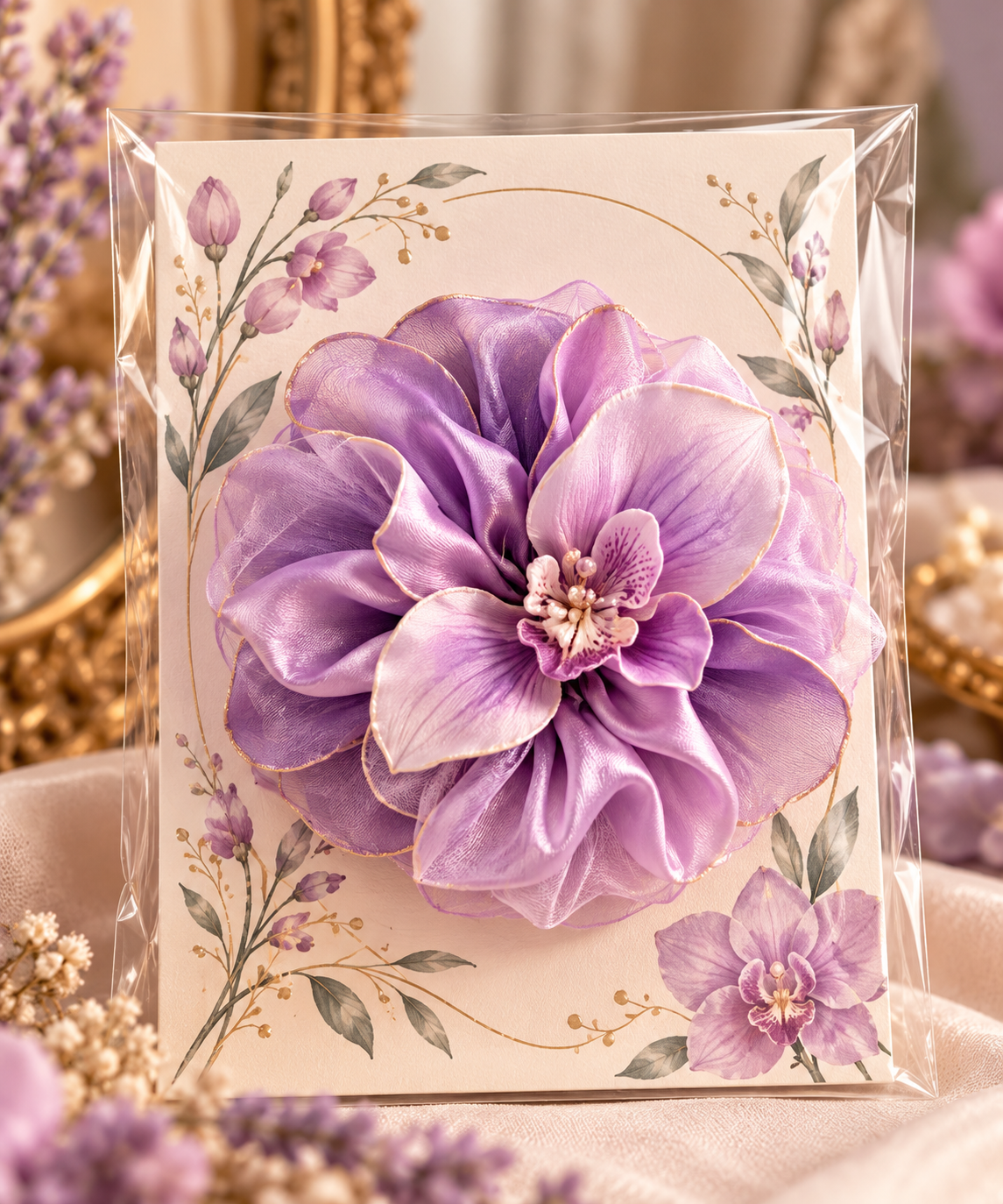 Lavender Dreams orchid-inspired scrunchie packaging