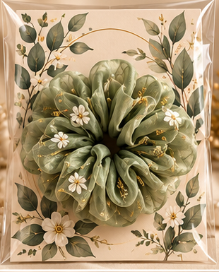 Sage Serenity sage green scrunchie packaging