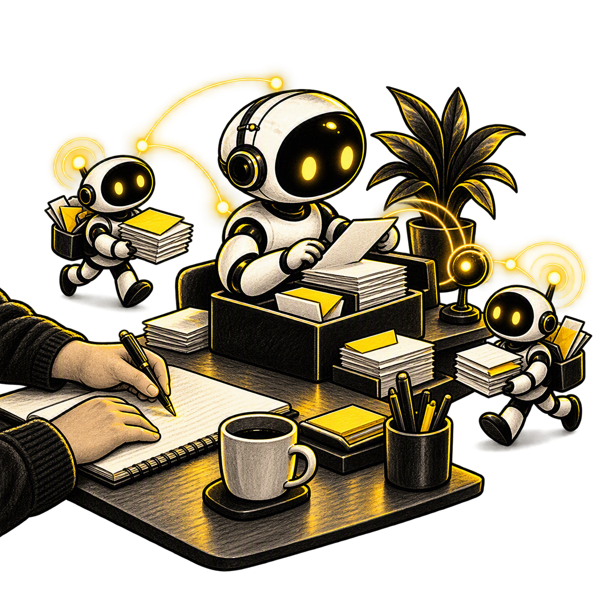 A small robot team sorting papers and carrying documents at a desk while a person writes, undisturbed
