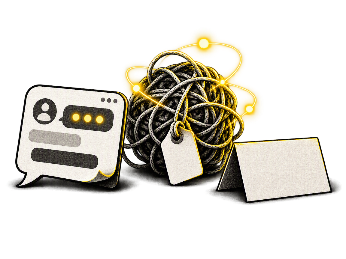 Three abandoned objects in a row: a paper speech bubble card, a tangled ball of string with a blank tag, and an empty folded name card