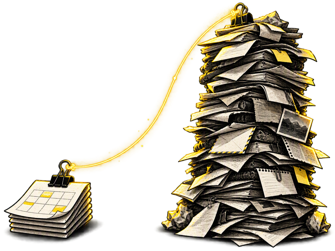 A short neat stack of dated calendar slips beside a tall leaning tower of unsorted papers, joined by a glowing yellow thread
