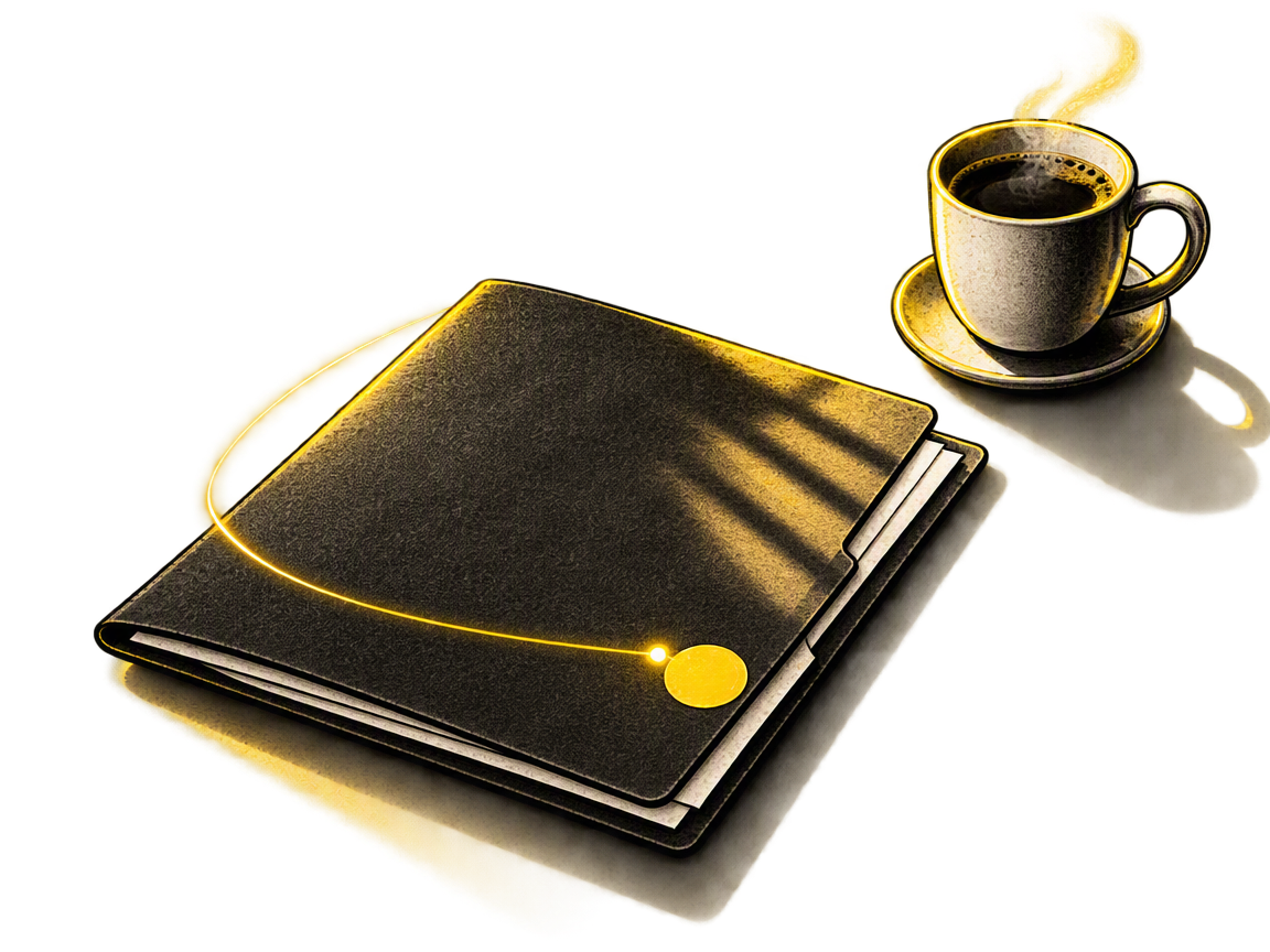 A single closed document folder with a small yellow seal waiting alone on a clean desk in morning light