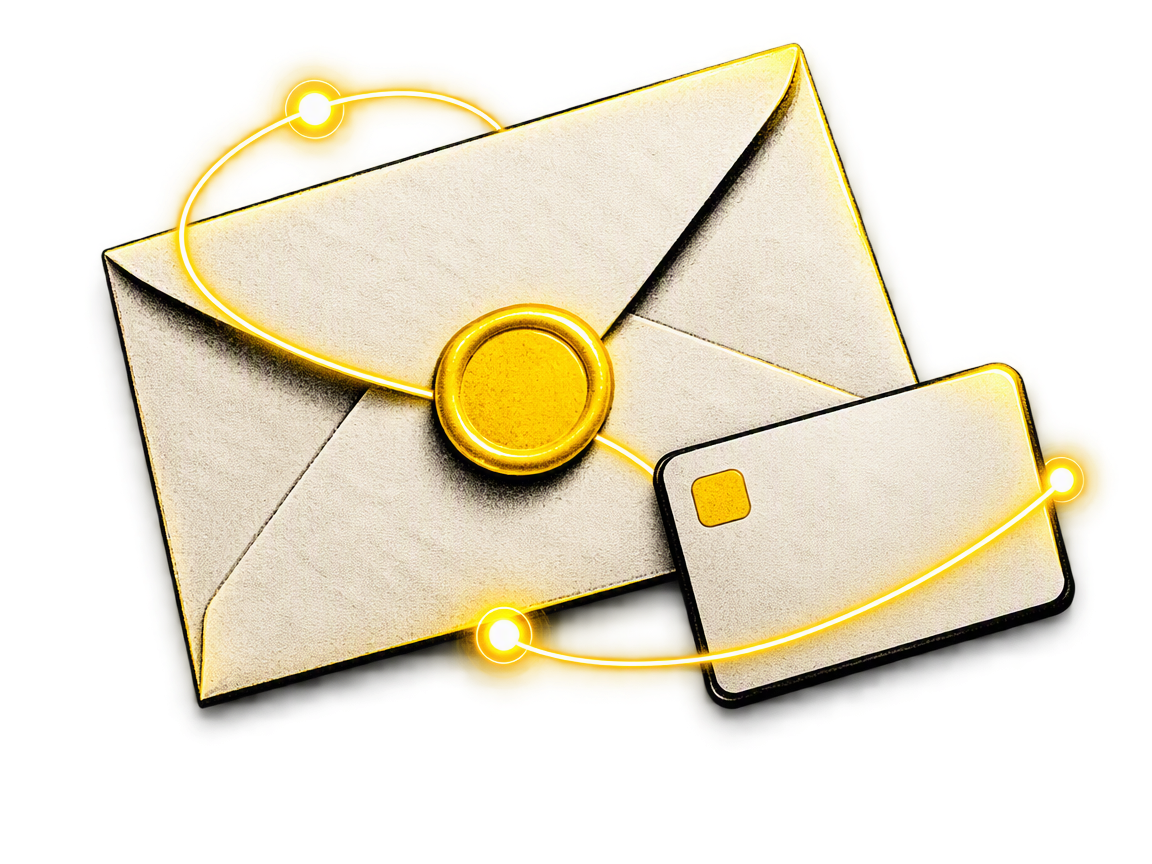 A cream envelope with a yellow wax style seal beside a small plain spending card with a yellow corner mark