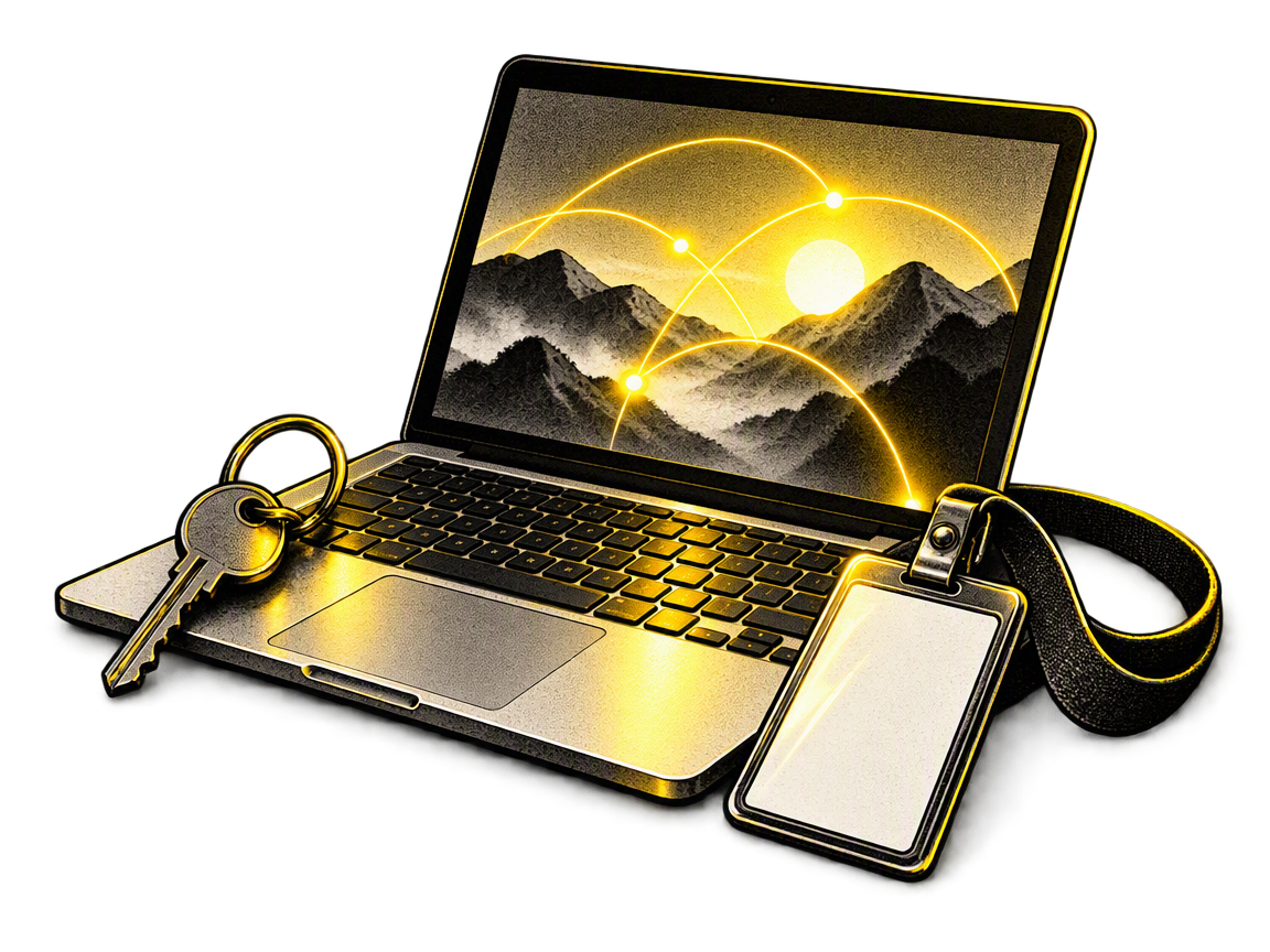 A small open laptop with a warmly glowing screen, a house key on a keyring leaning against it, and a blank ID badge beside it