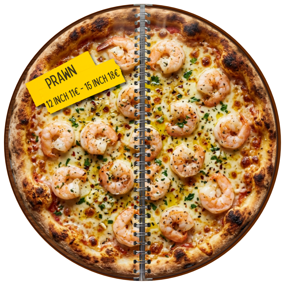 Circular restaurant menu featuring full-plate prawn dish