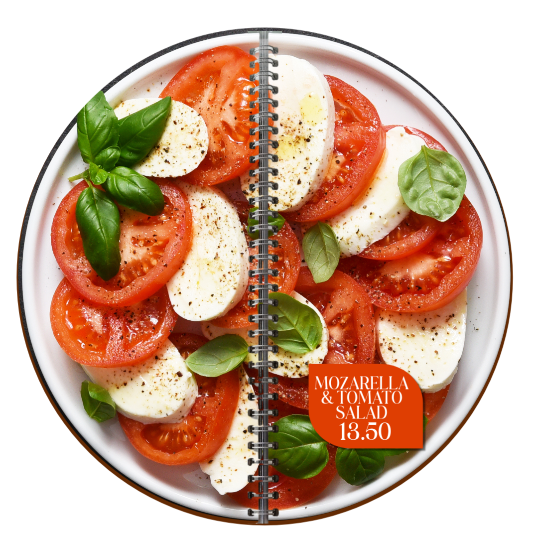 Circular menu featuring mozzarella and tomato salad