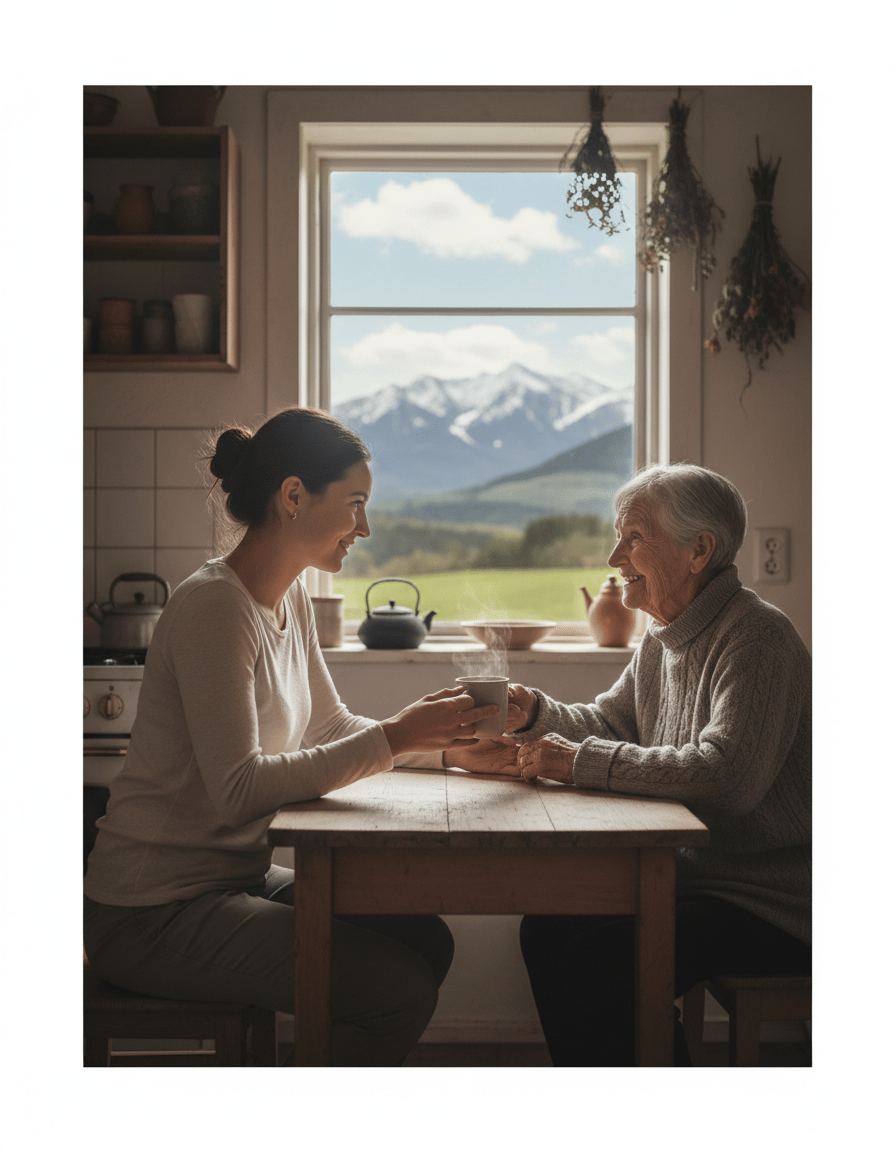 A young volunteer handing a warm mug of tea to an older woman at a wooden kitchen table
