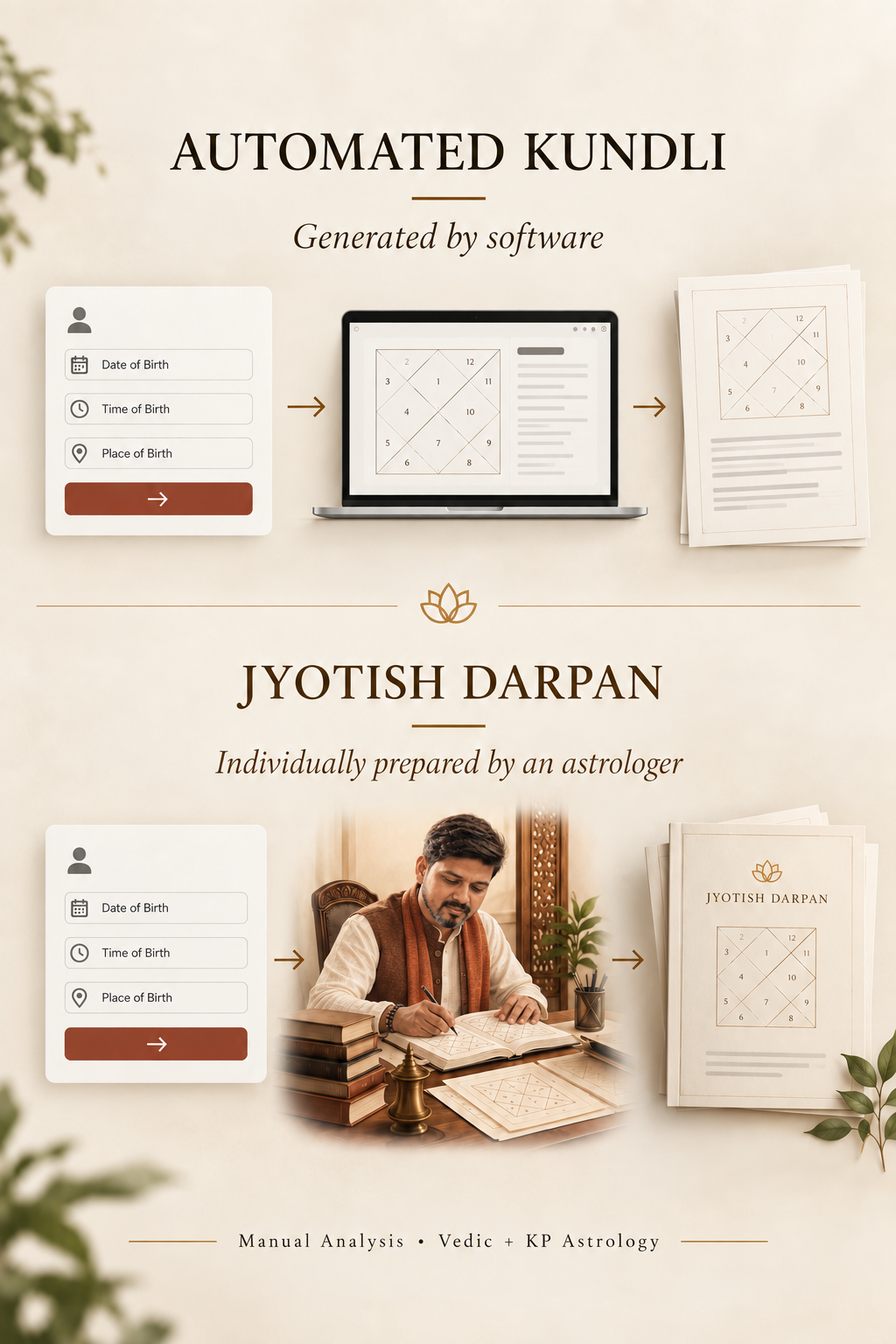 Automated Kundli generated by software versus Jyotish Darpan report individually prepared by an astrologer