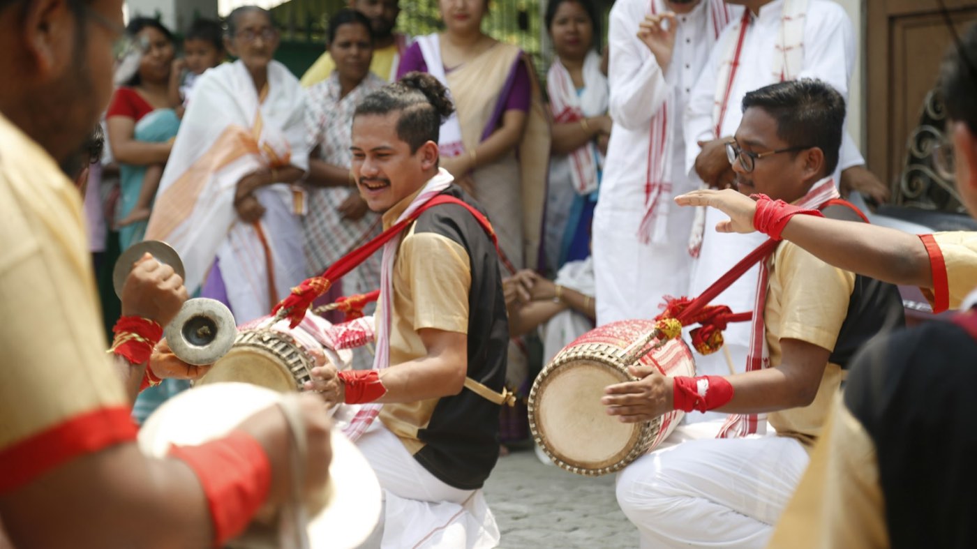Dhol players at a Bihu celebration in Assam