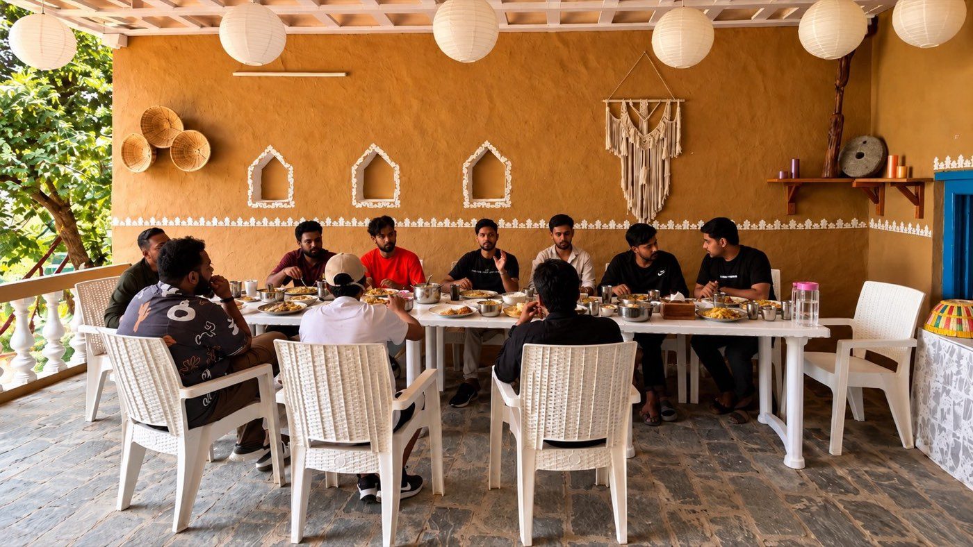 A long-table lunch in a sunlit courtyard