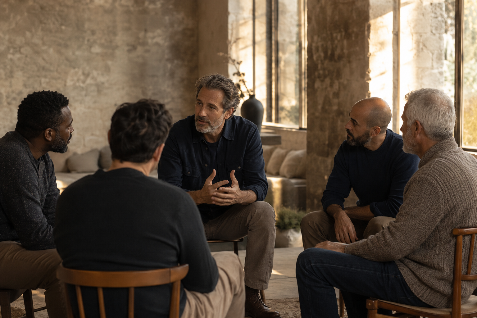 A small circle of men in an honest, attentive conversation