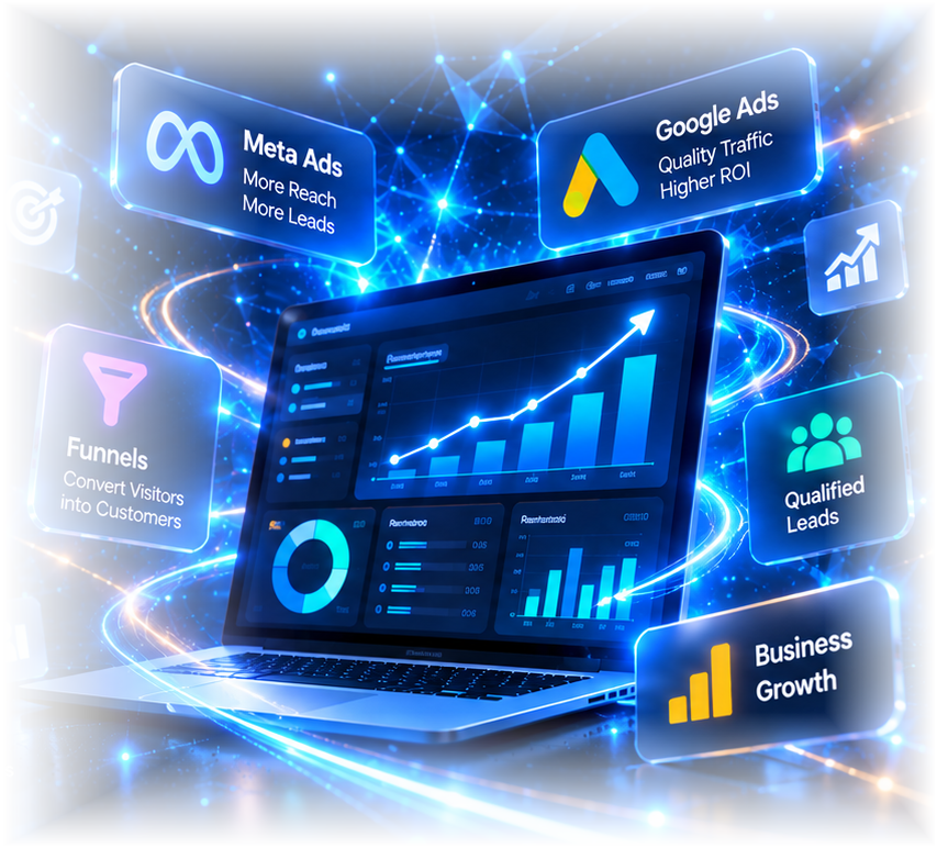 Futuristic blue digital marketing dashboard with glowing funnel and lead-generation visuals
