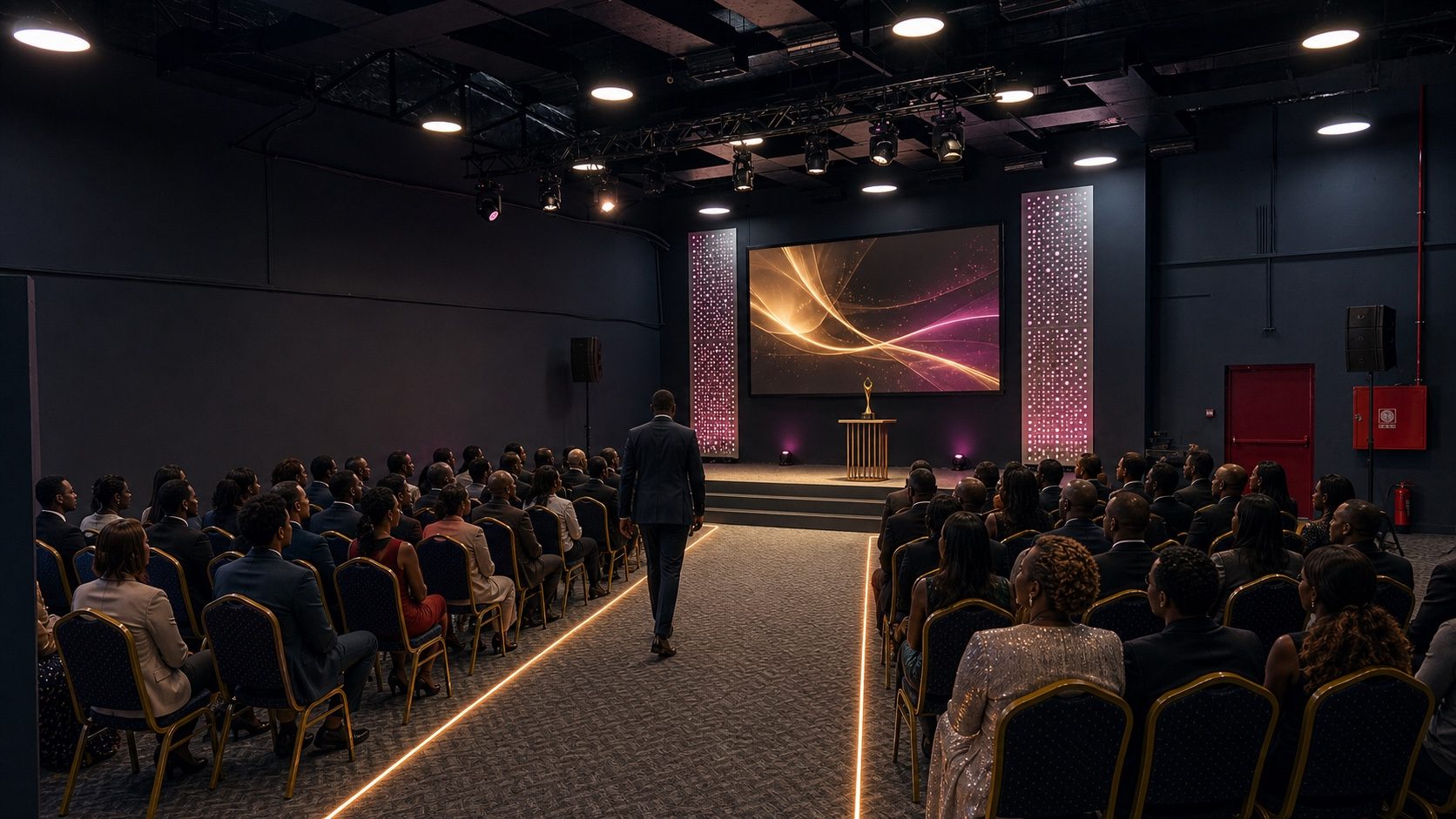 Concept visualisation based on the actual Lumen Loft venue configured for an awards ceremony