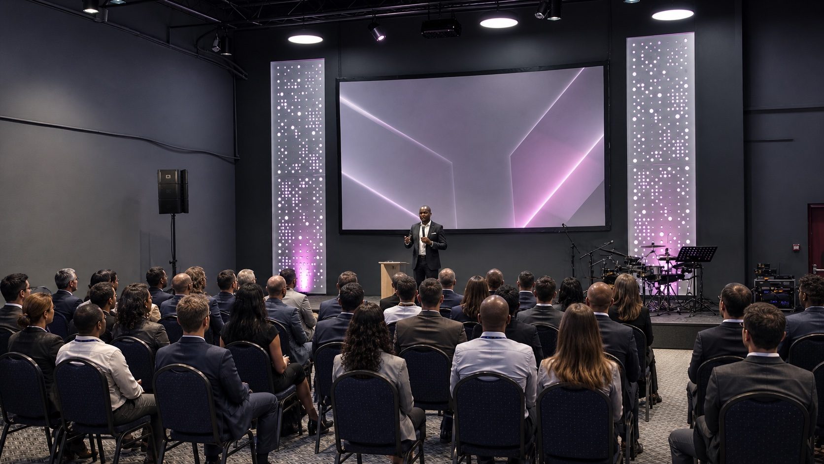 Concept visualisation based on the actual Lumen Loft venue configured for a corporate conference