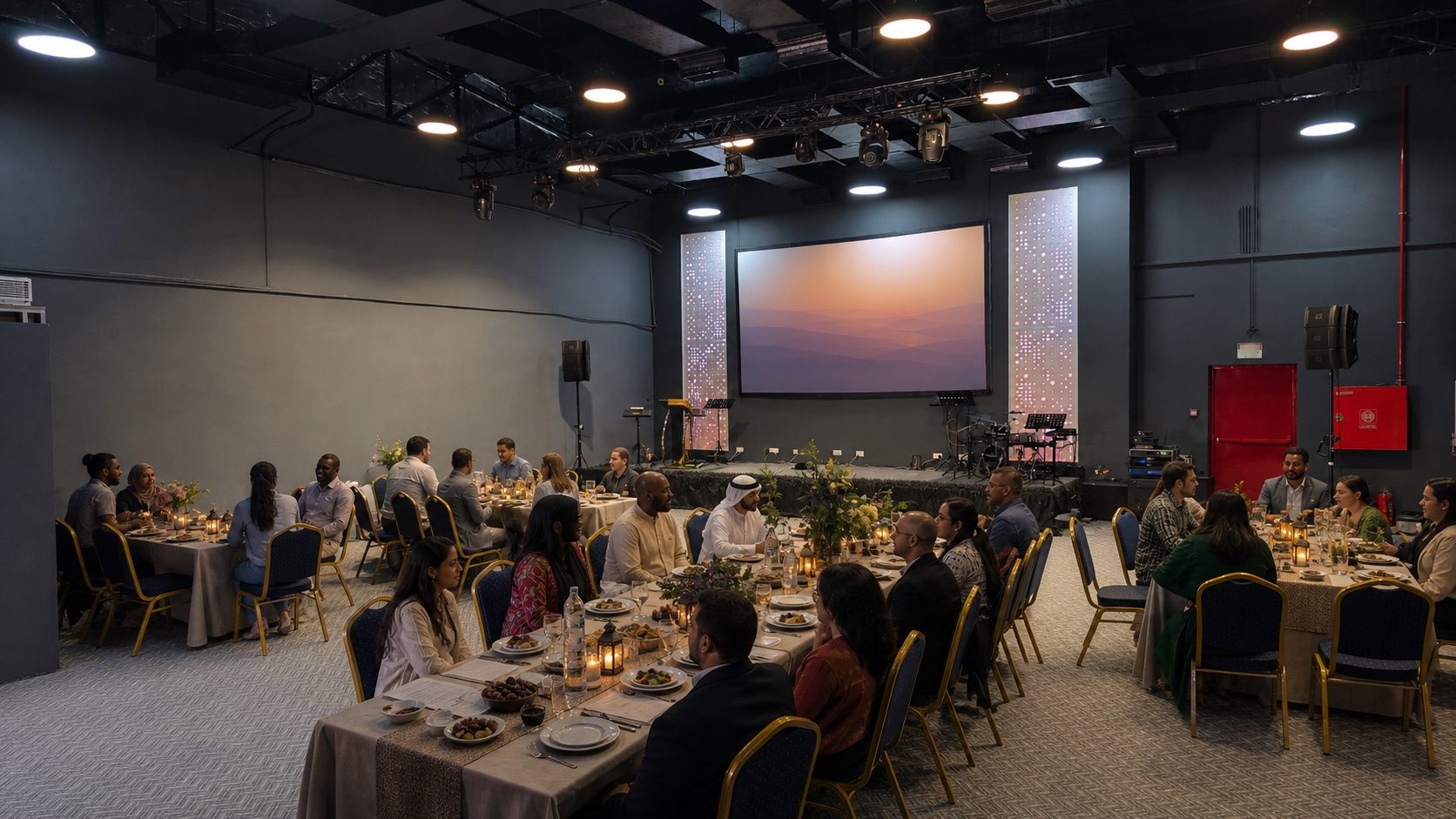 Concept visualisation based on the actual Lumen Loft venue configured for an Iftar gathering