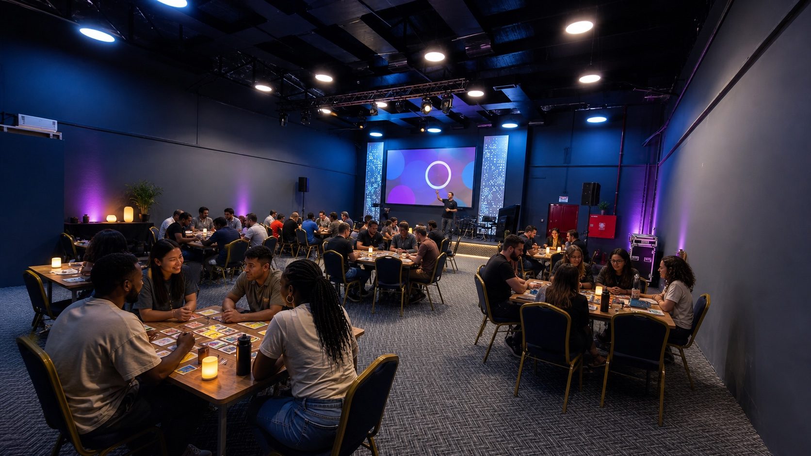 Concept visualisation based on the actual Lumen Loft venue configured for a participatory game night