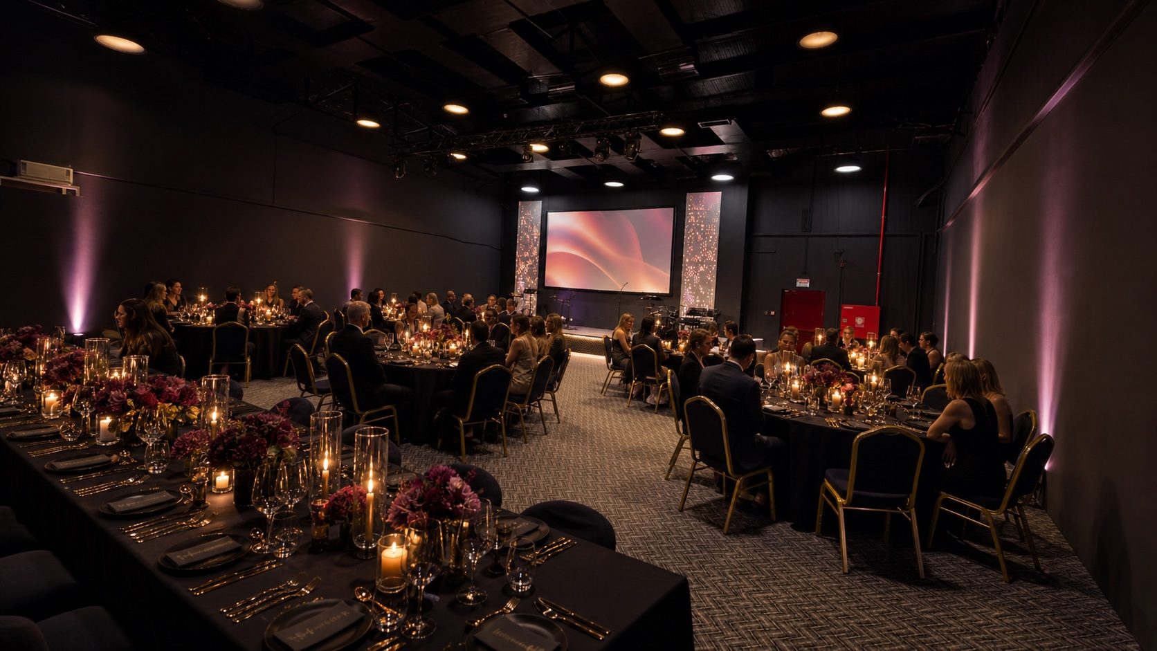 Concept visualisation based on the actual Lumen Loft venue configured for a gala dinner