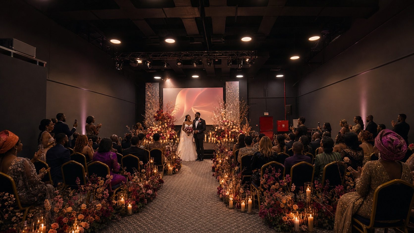 Concept visualisation based on the actual Lumen Loft venue configured for a contemporary African wedding ceremony with a Black couple and guests
