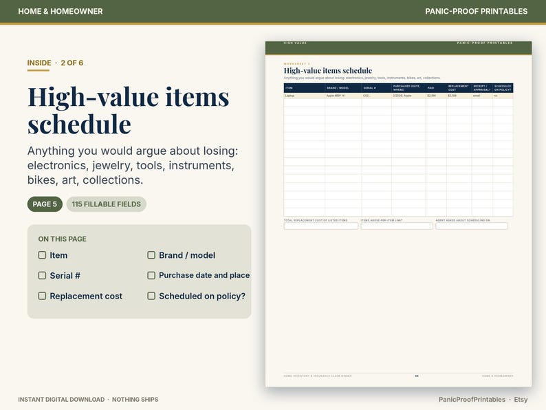 Home Inventory & Insurance Claim Binder page 6