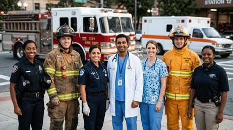 A diverse group of first responders — police, fire, and EMS — standing together in front of emergency vehicles