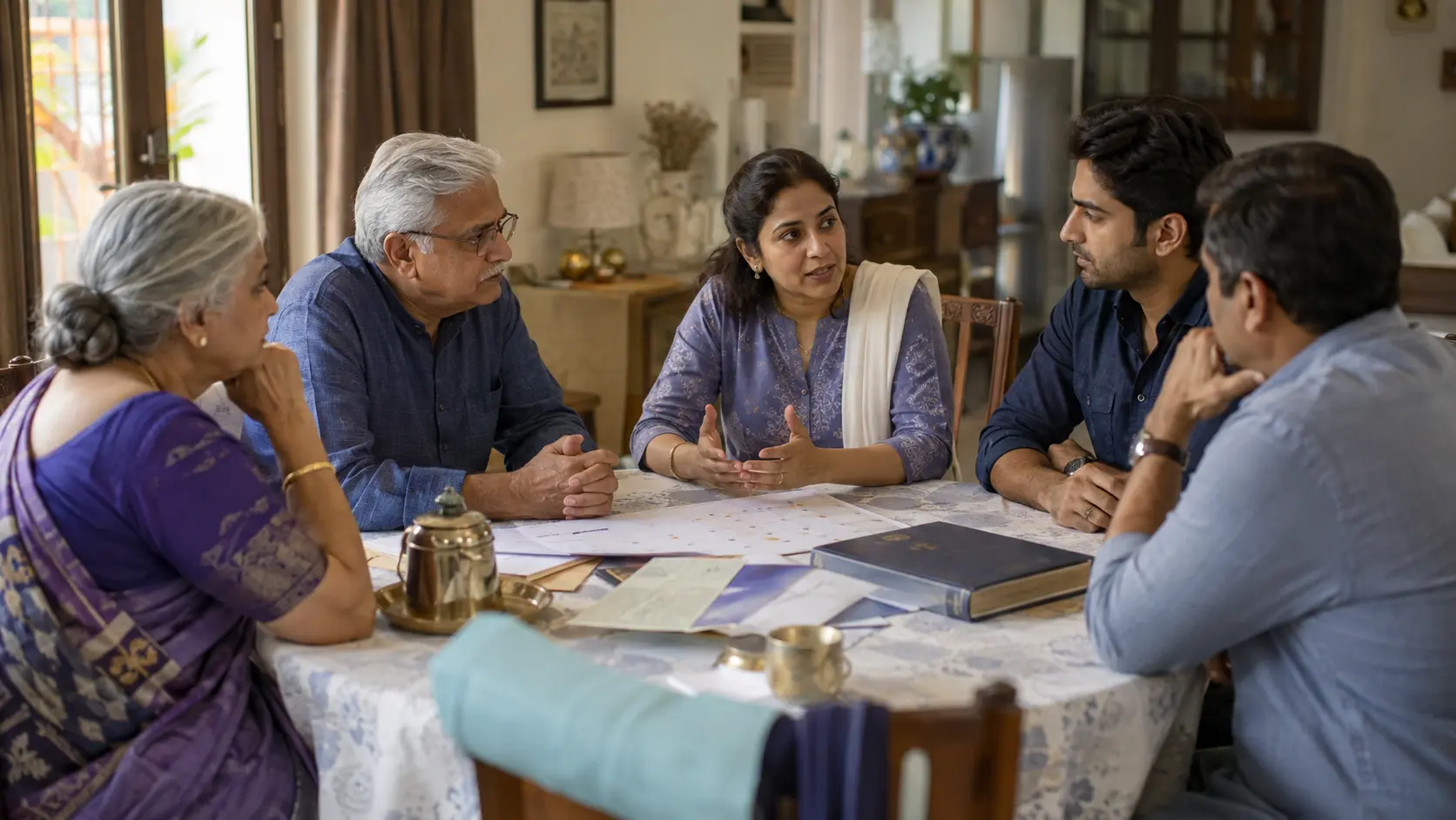 Multigenerational Indian family discussing a recurring decision