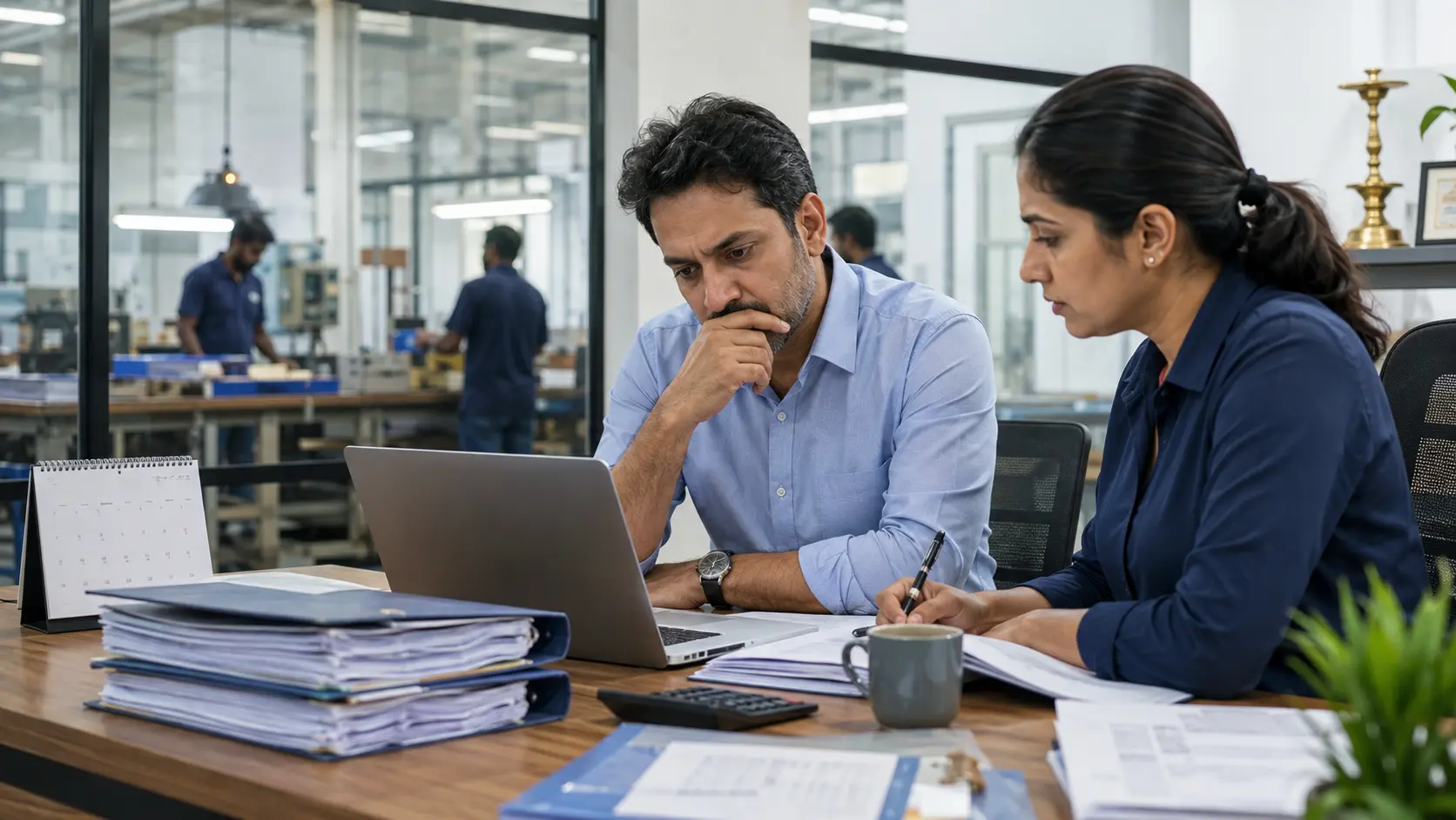 Indian business owner reviewing financial pressure with a colleague