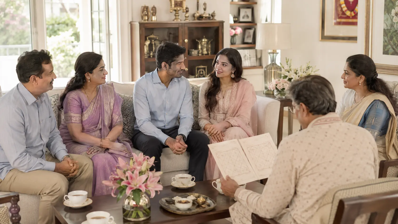 Indian families thoughtfully reviewing Kundli compatibility for marriage