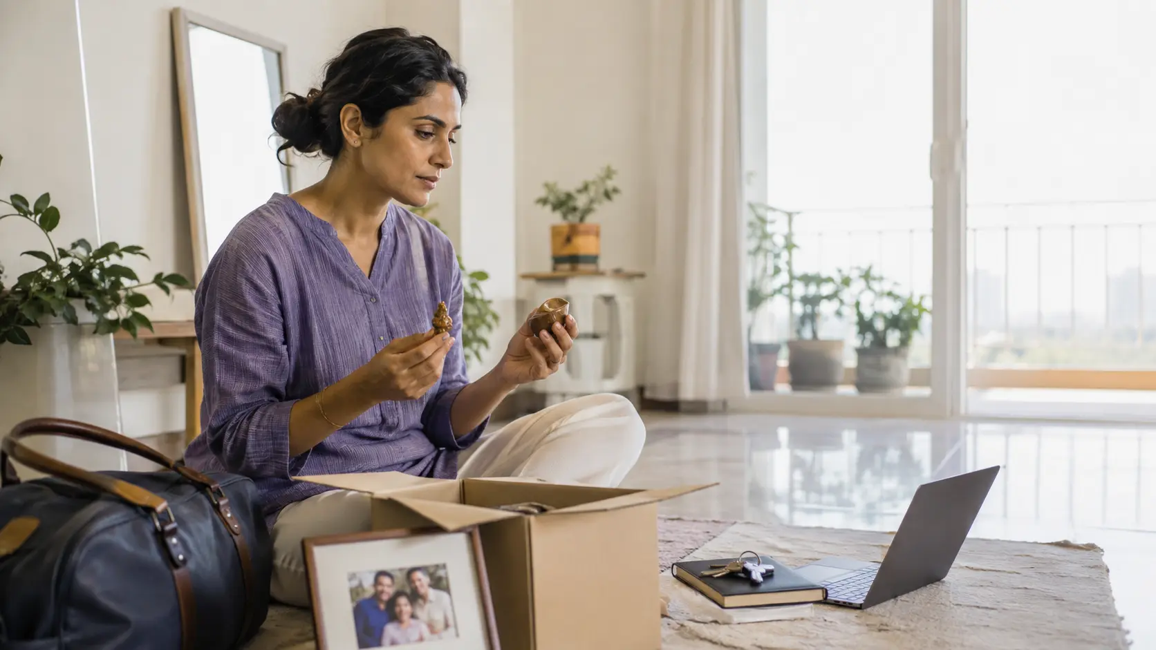 Indian woman thoughtfully preparing for a significant life transition