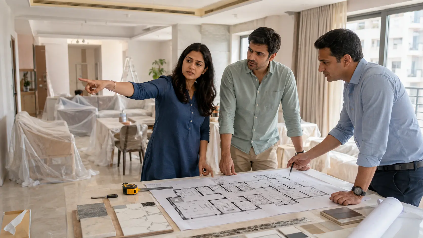 Indian homeowner reviewing a property plan and directional compass